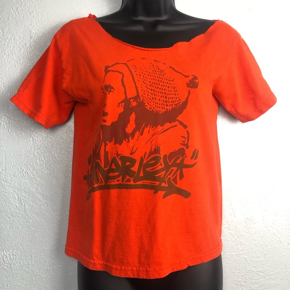 BOB MARLEY raw hem tee shirt Zion Train is Coming Our Way orange top Sz small - Picture 1 of 8